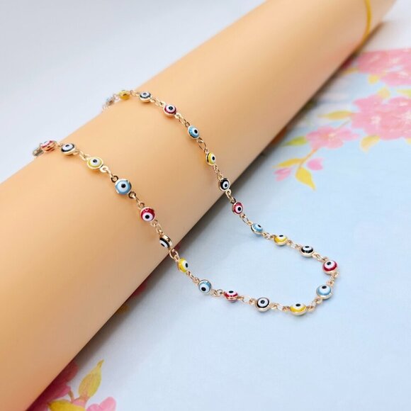 Colorful Evil Eye Rose Gold Necklace, 18 Inch, Gold Plated Brass, XPNL0102 - Picture 2 of 12